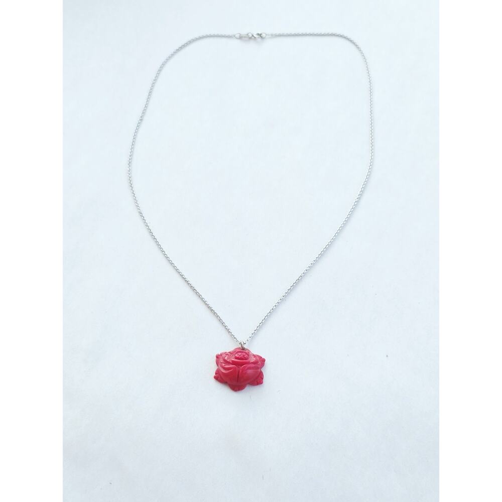 Athra Trading 925 Silver VTG Hand Carved Natural Coral Rose Flower Necklace